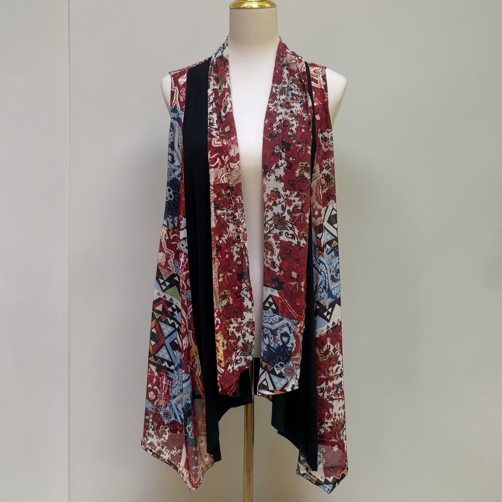 Ali Miles Vest M Black Red Mixed Media Patchwork Open Front Boho Artsy Eclectic